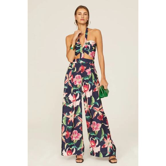 PatBO Womens Laelia Floral Halterneck Cutout Jumpsuit Pleated Midnight Size 8